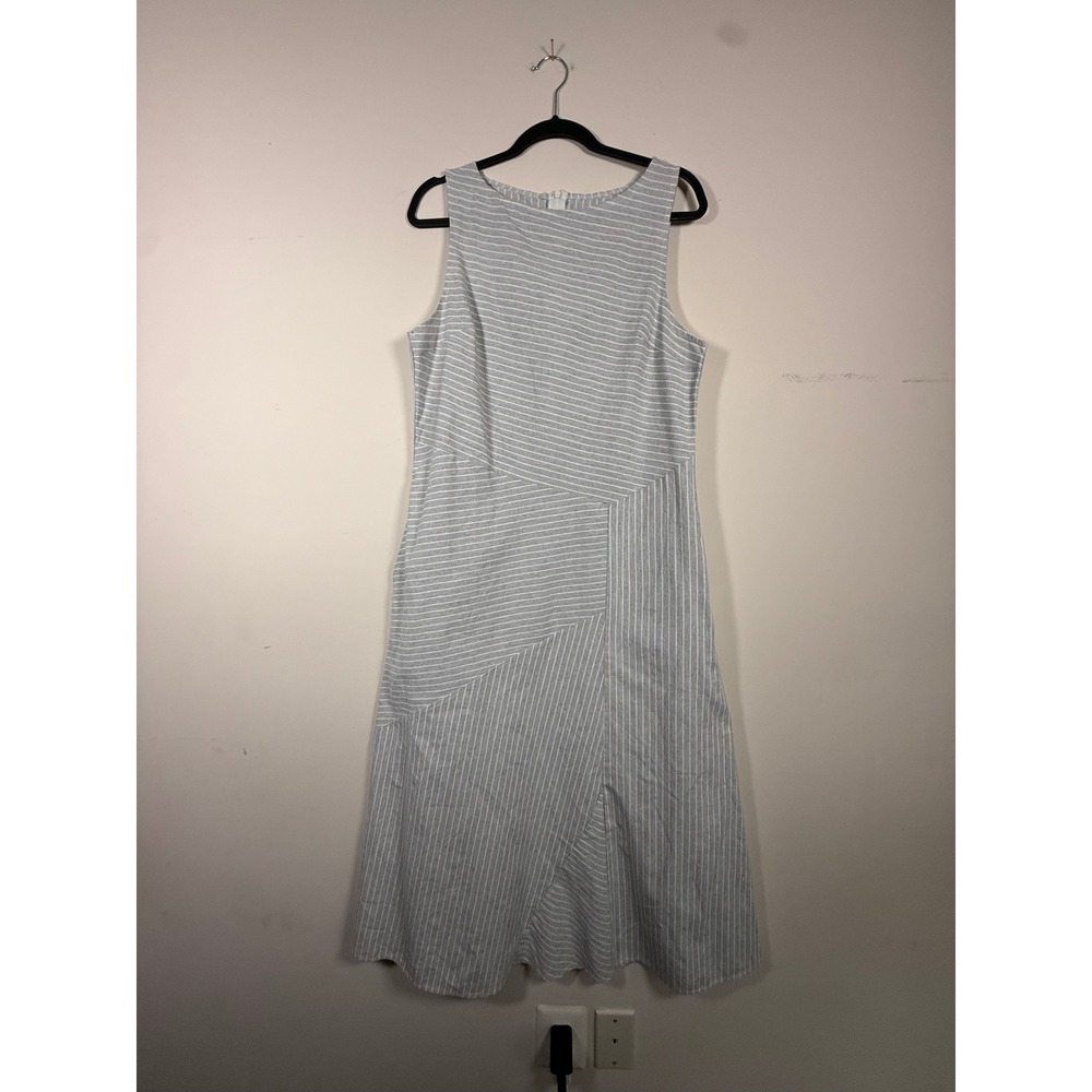 Misslook Women Large Grey White Striped Sleeveless Midi A-Line Dress Pockets